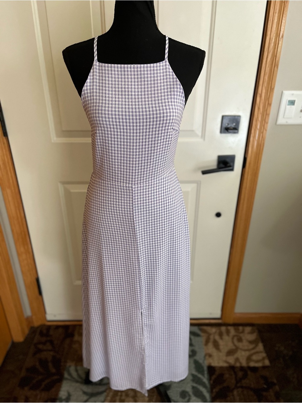 Dee Elly lavendar white gingham sleeveless halter neck open back dress. Small